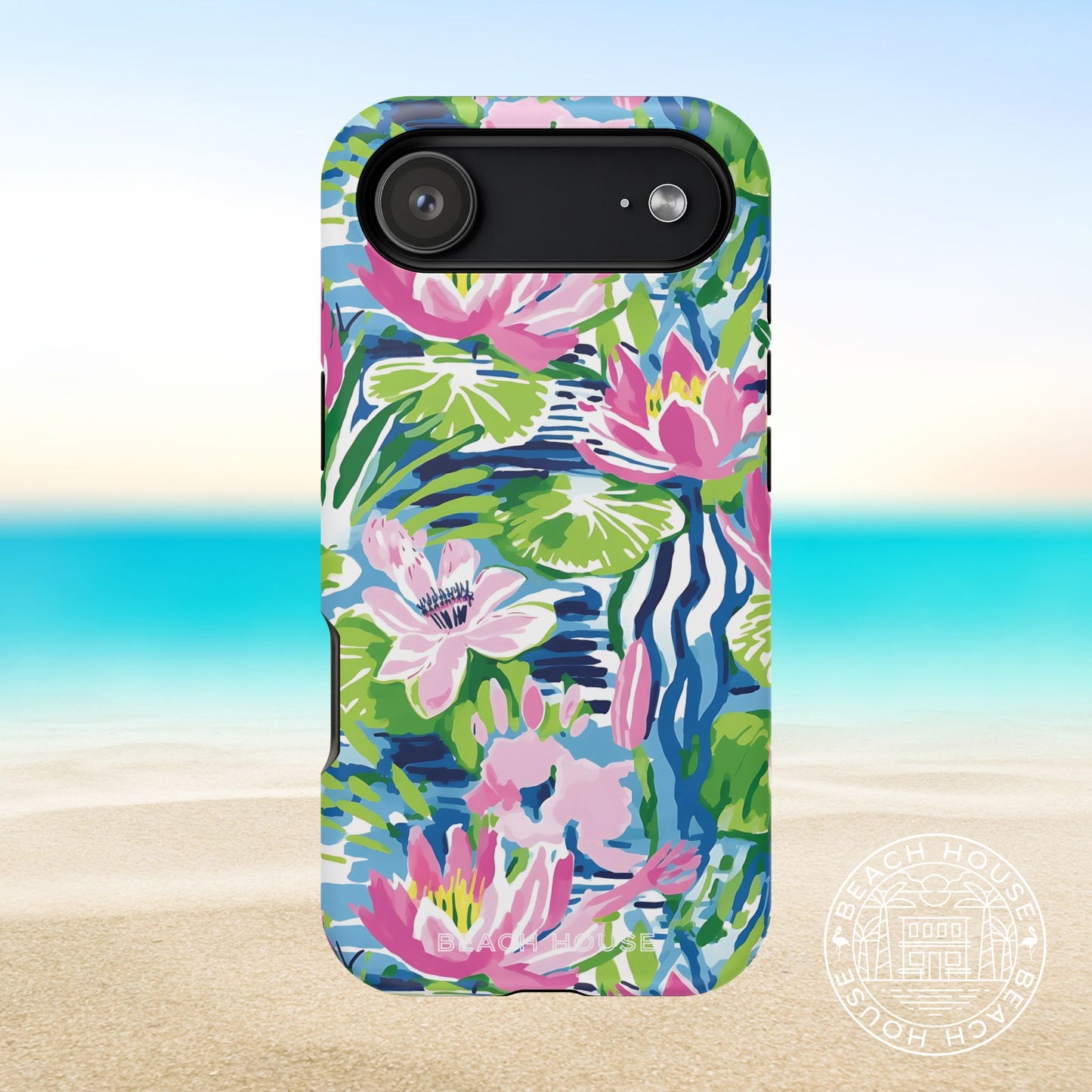 Everglades MagSafe Tough Case for iPhone 17 Air with floral design on a beach background