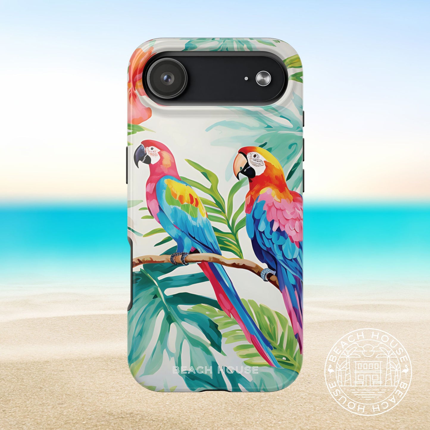 Copacabana Tough Case for iPhone 17 Air with parrot design on a beach background