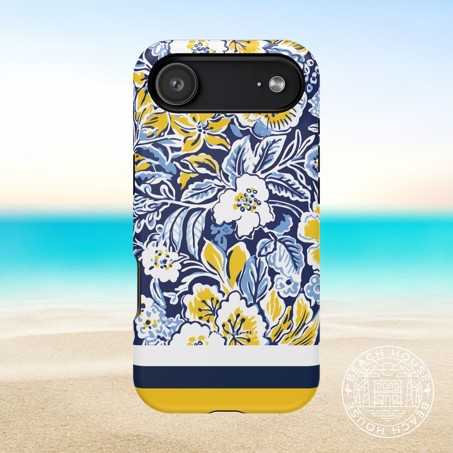 Ann Arbor MagSafe Tough Case for iPhone 17 Air with floral and striped design on a beach background