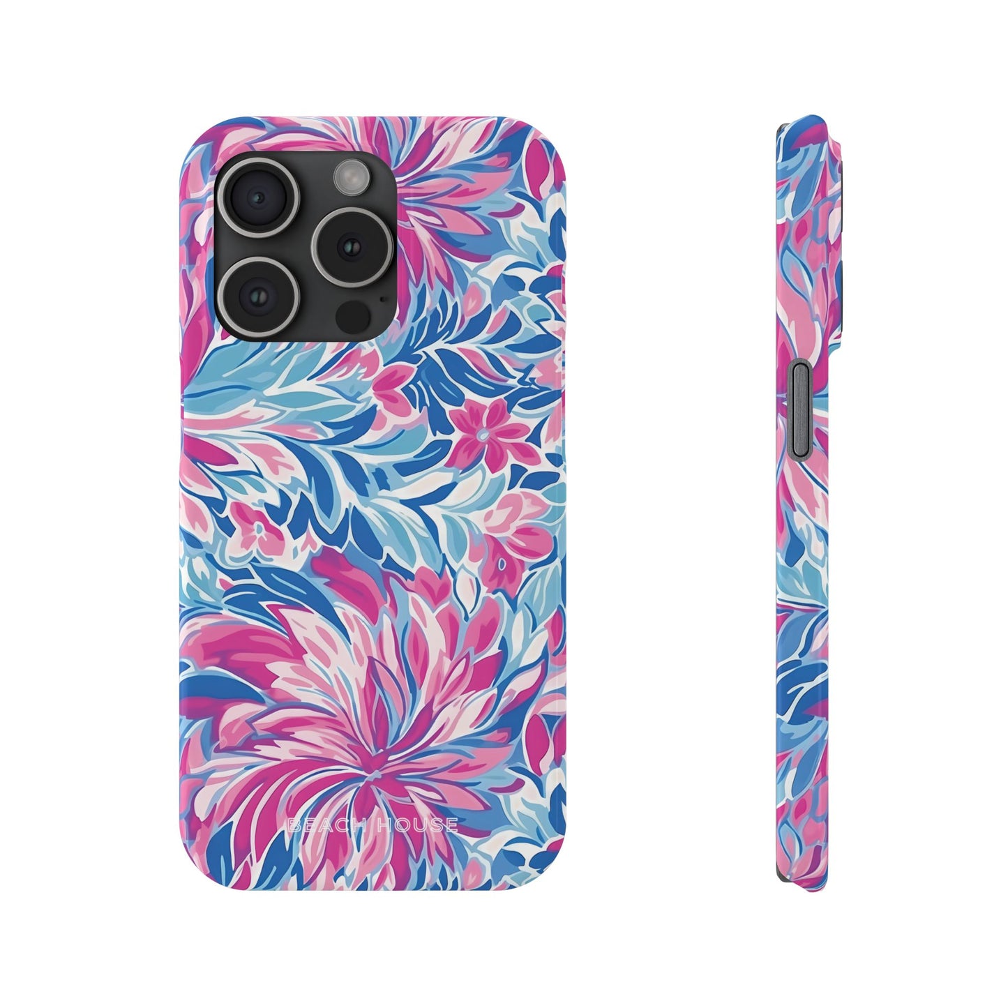 Front and side view of Destin Slim Case for iPhone with pink and blue floral pattern on a white background