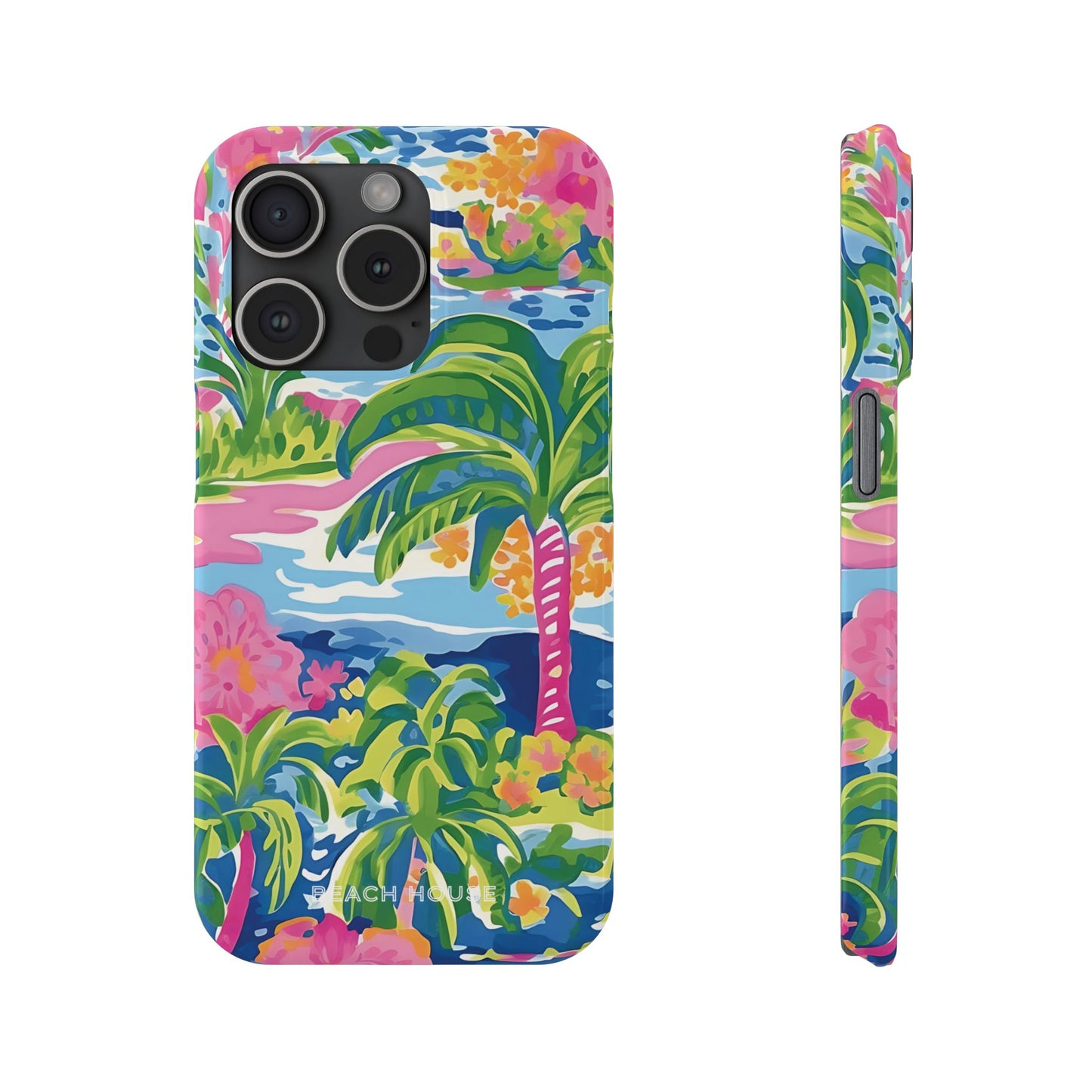 Front and side view of Kiawah Slim Case for iPhone with tropical design featuring palm trees and flowers on a white background