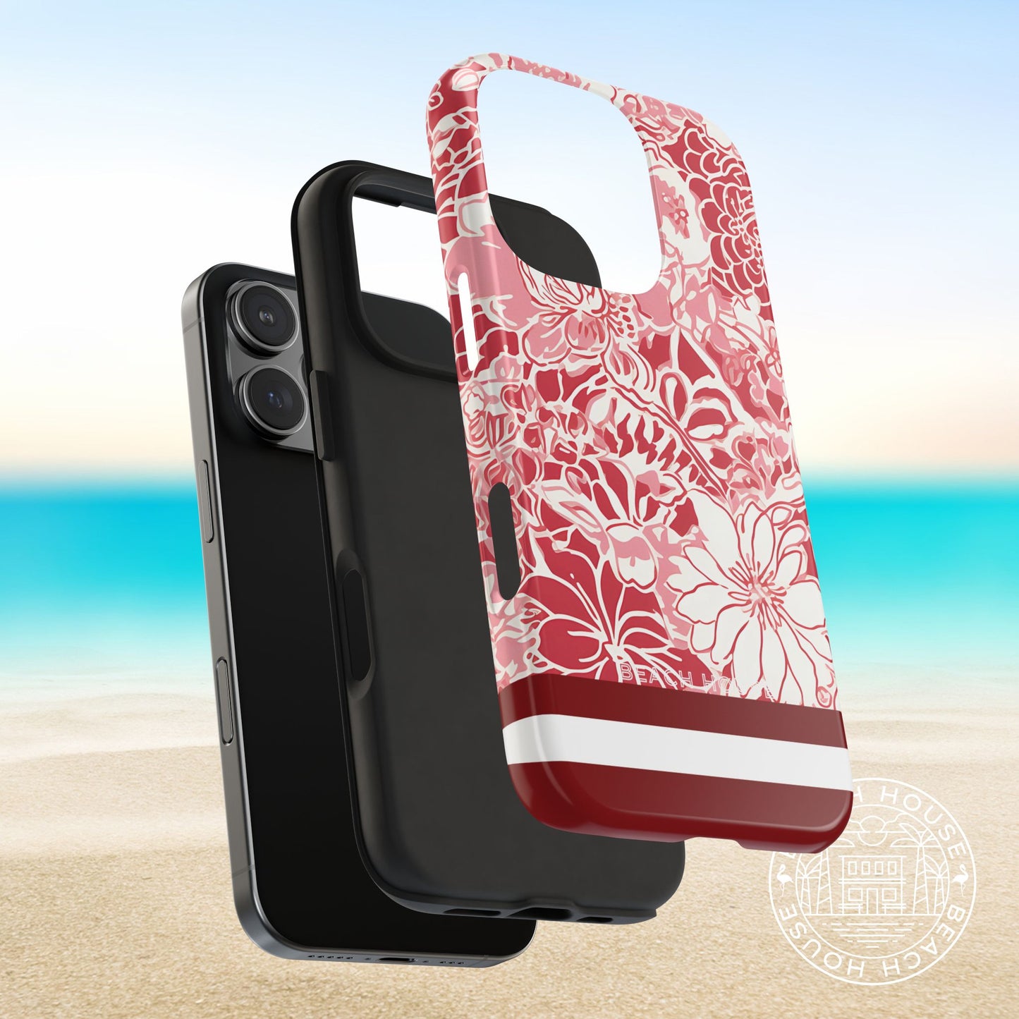 2 Piece shell and liner views of the Norman Tough Case for iPhone with floral design on a beach background