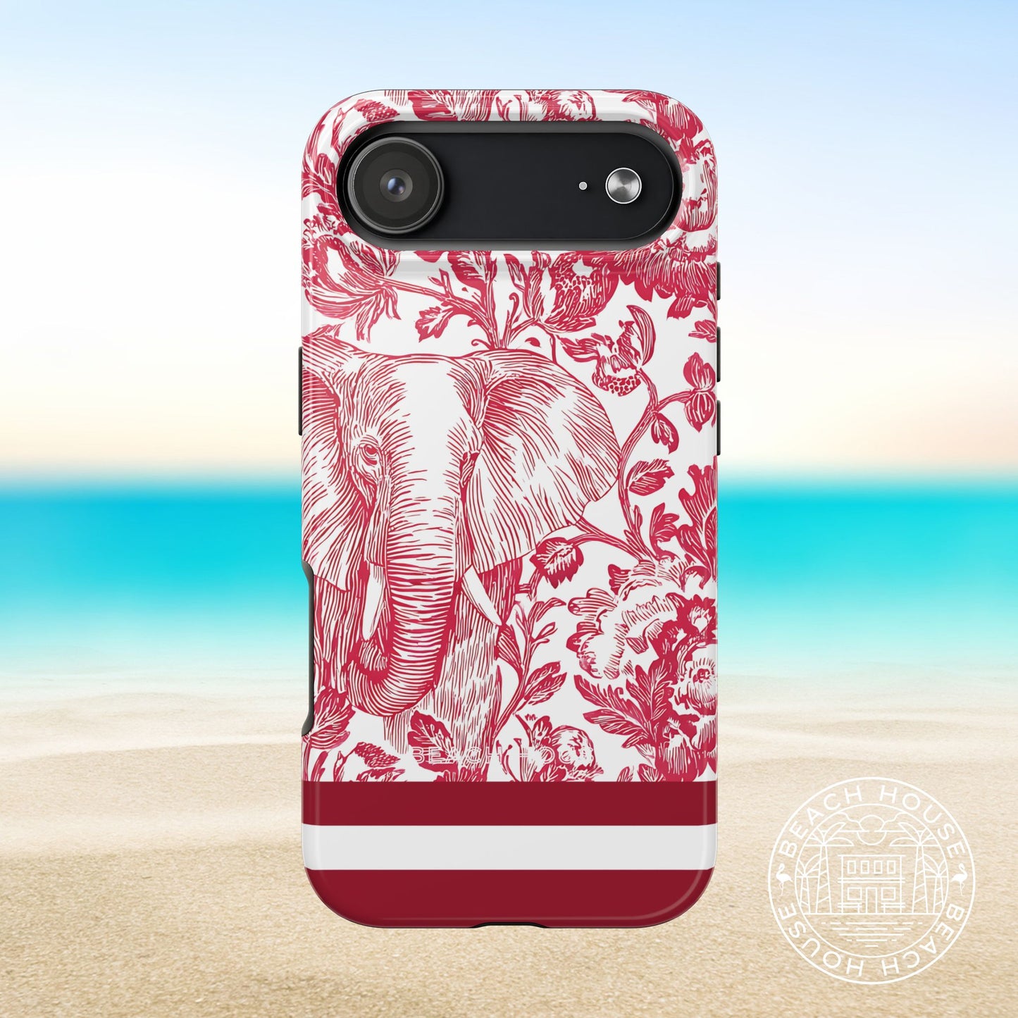 Tuscaloosa Tough Case for iPhone 17 Air with red floral and elephant design on a beach background