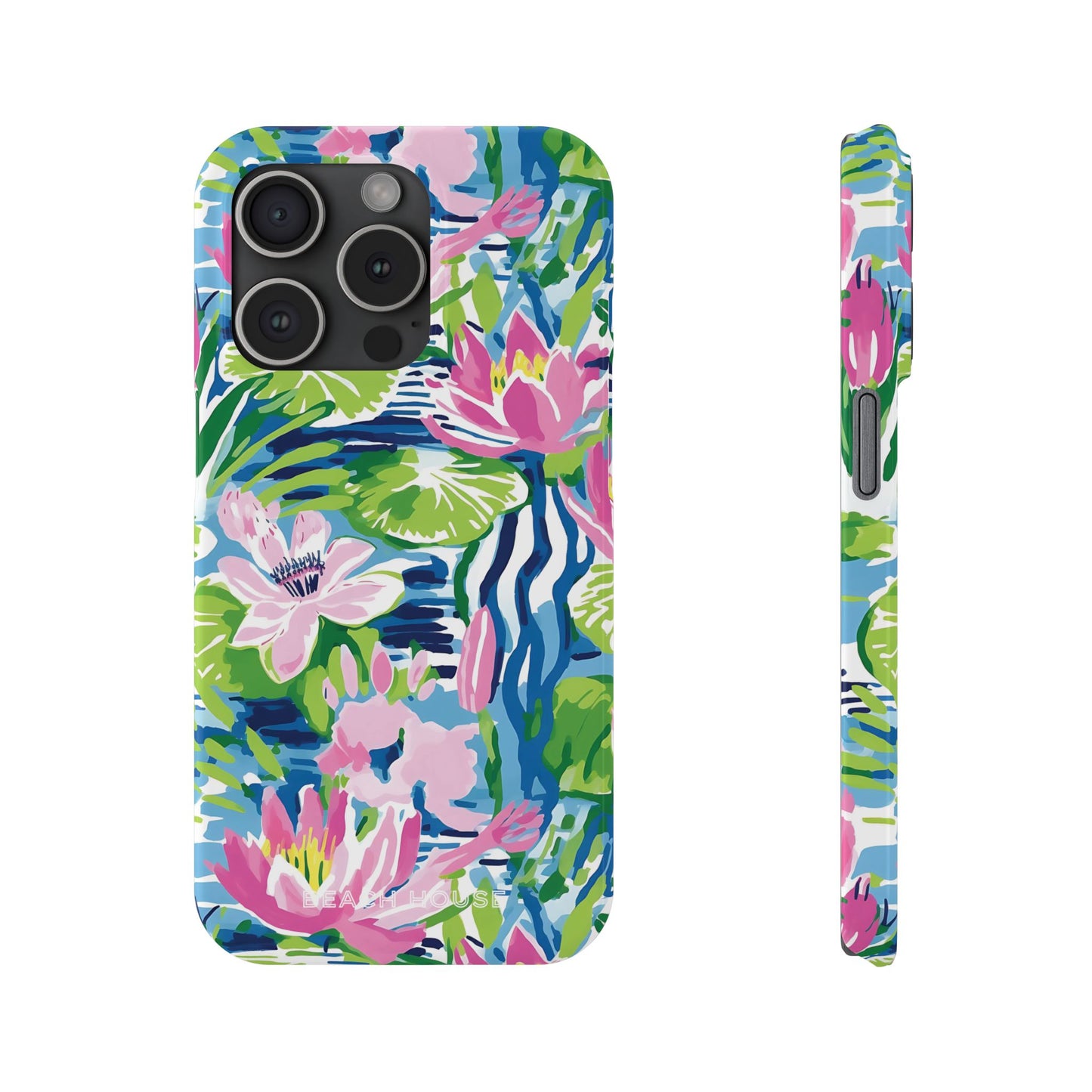 Front and side view of the Everglades Slim Case for iPhone with colorful floral design on a white background