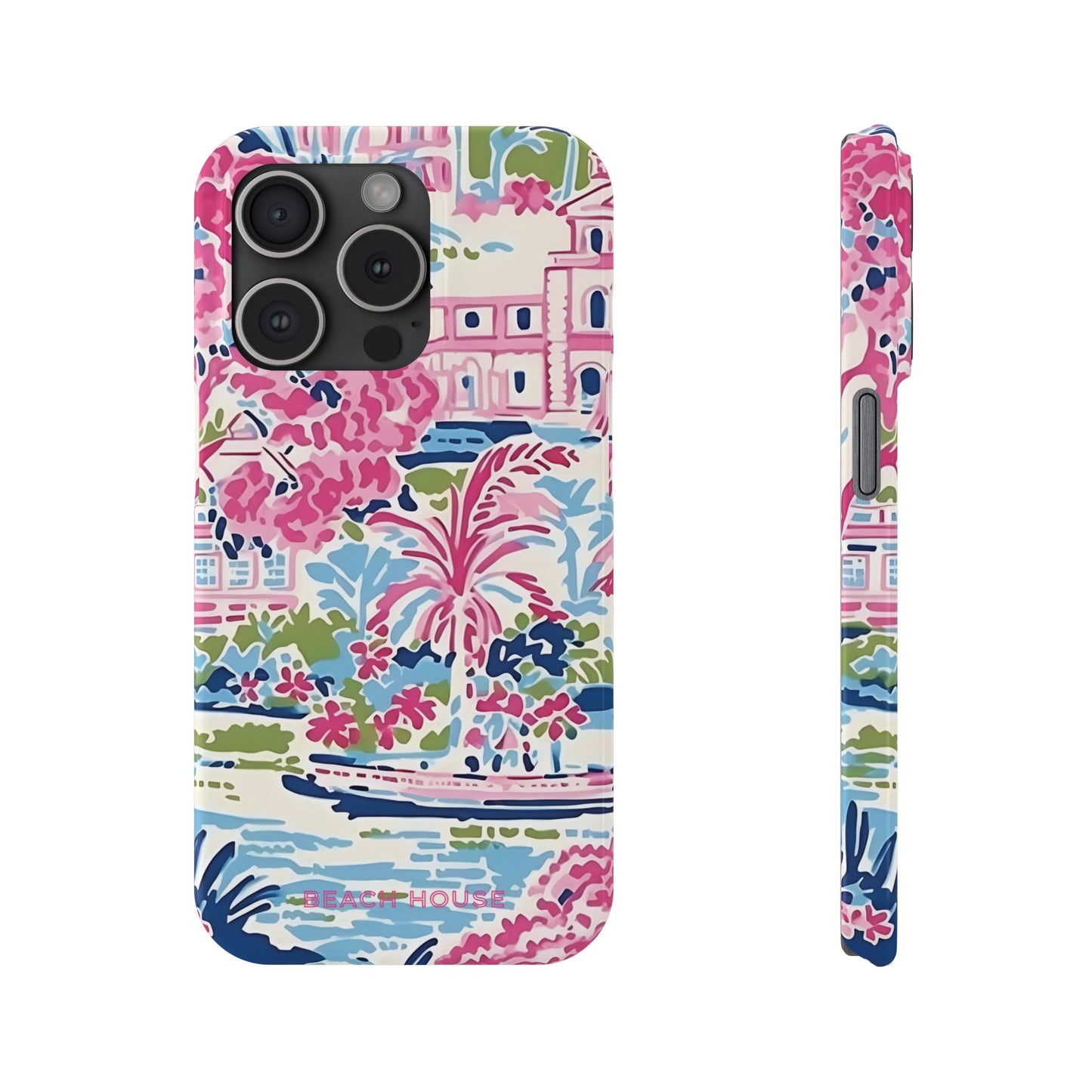Front and side viewsof the Amelia Slim Case for iPhone with beach house design on a white background