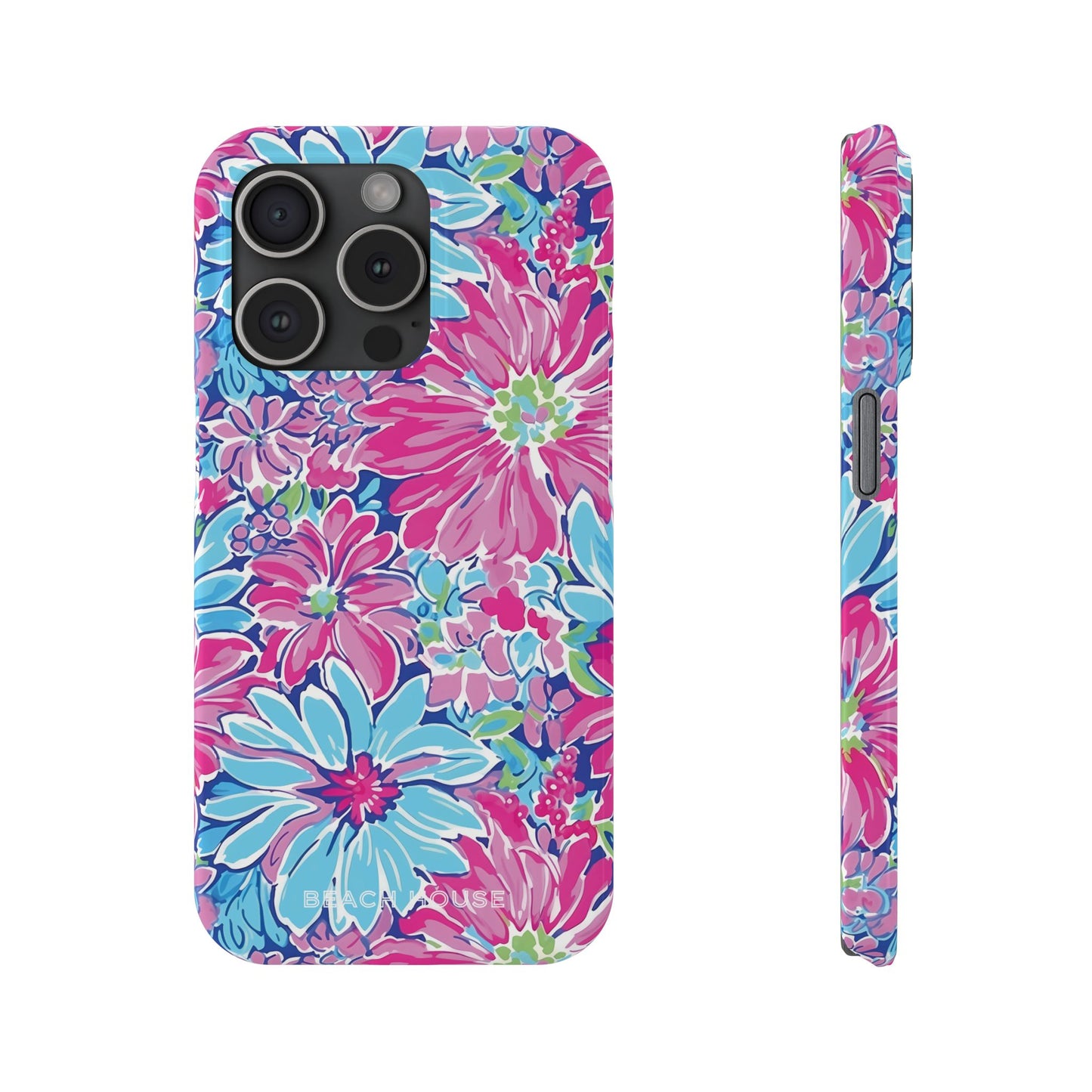 Front and side views of the Bimini Slim Case for iPhone with pink and blue flowers on a white background