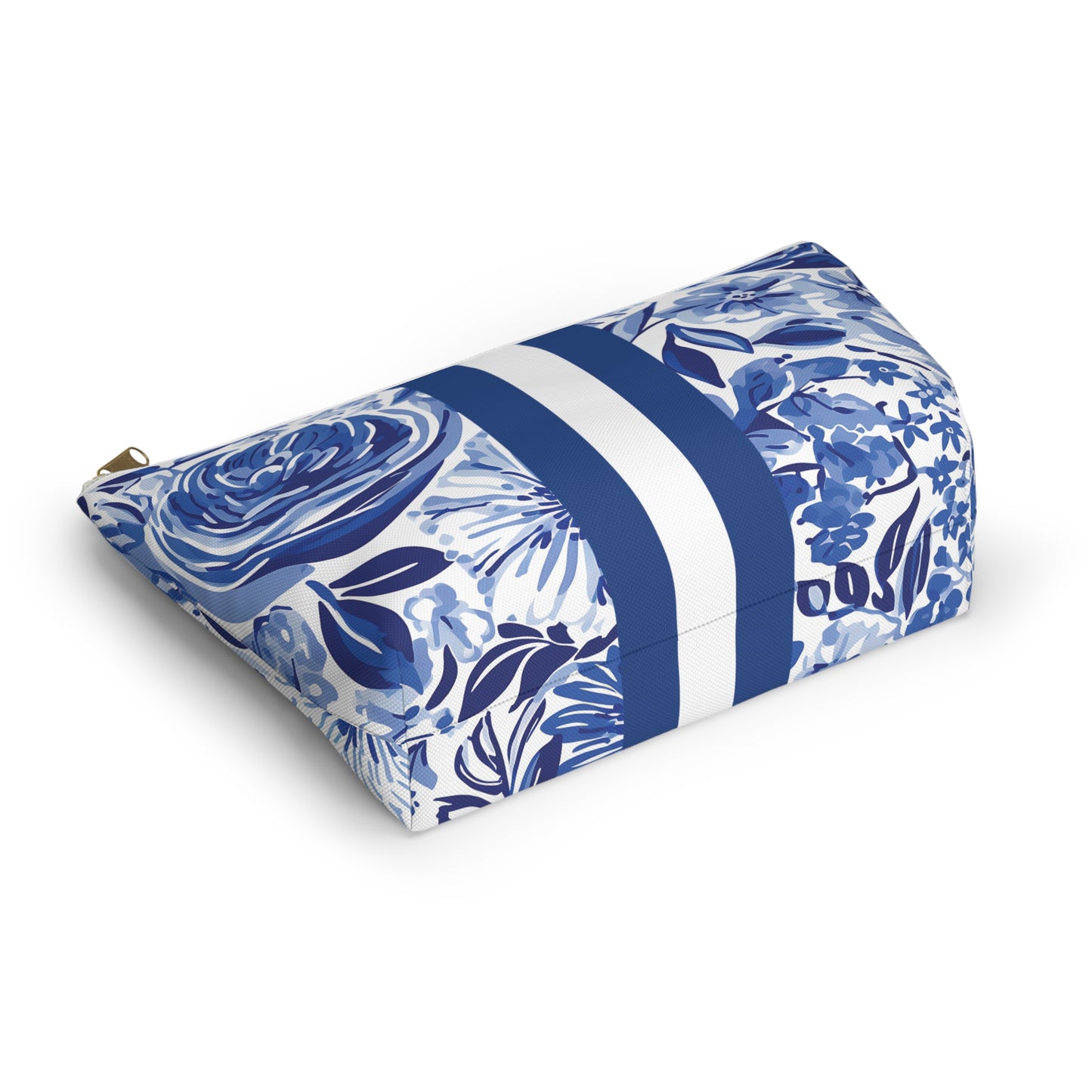 Blue and white floral patterned pouch with a strap on a white background