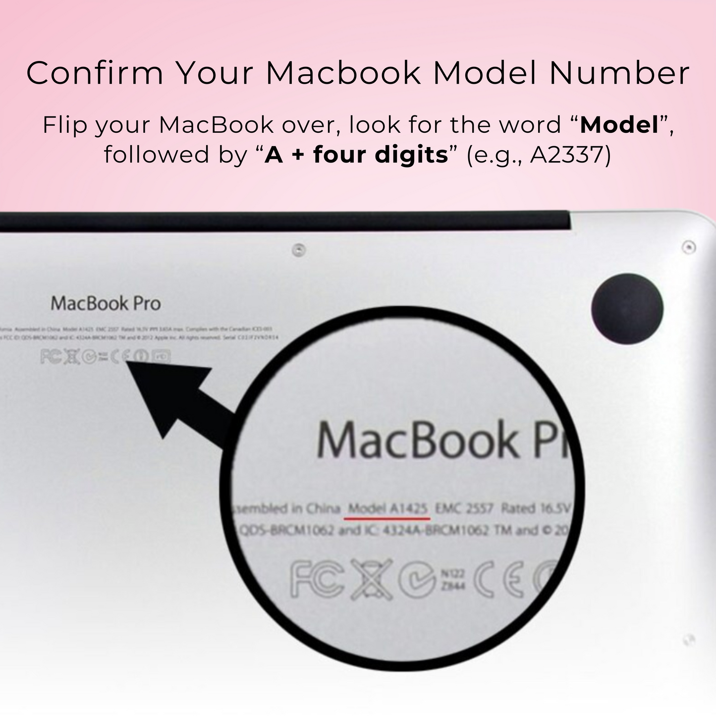Instructions for buyer how to confirm their Macbook model number, on a pink background.