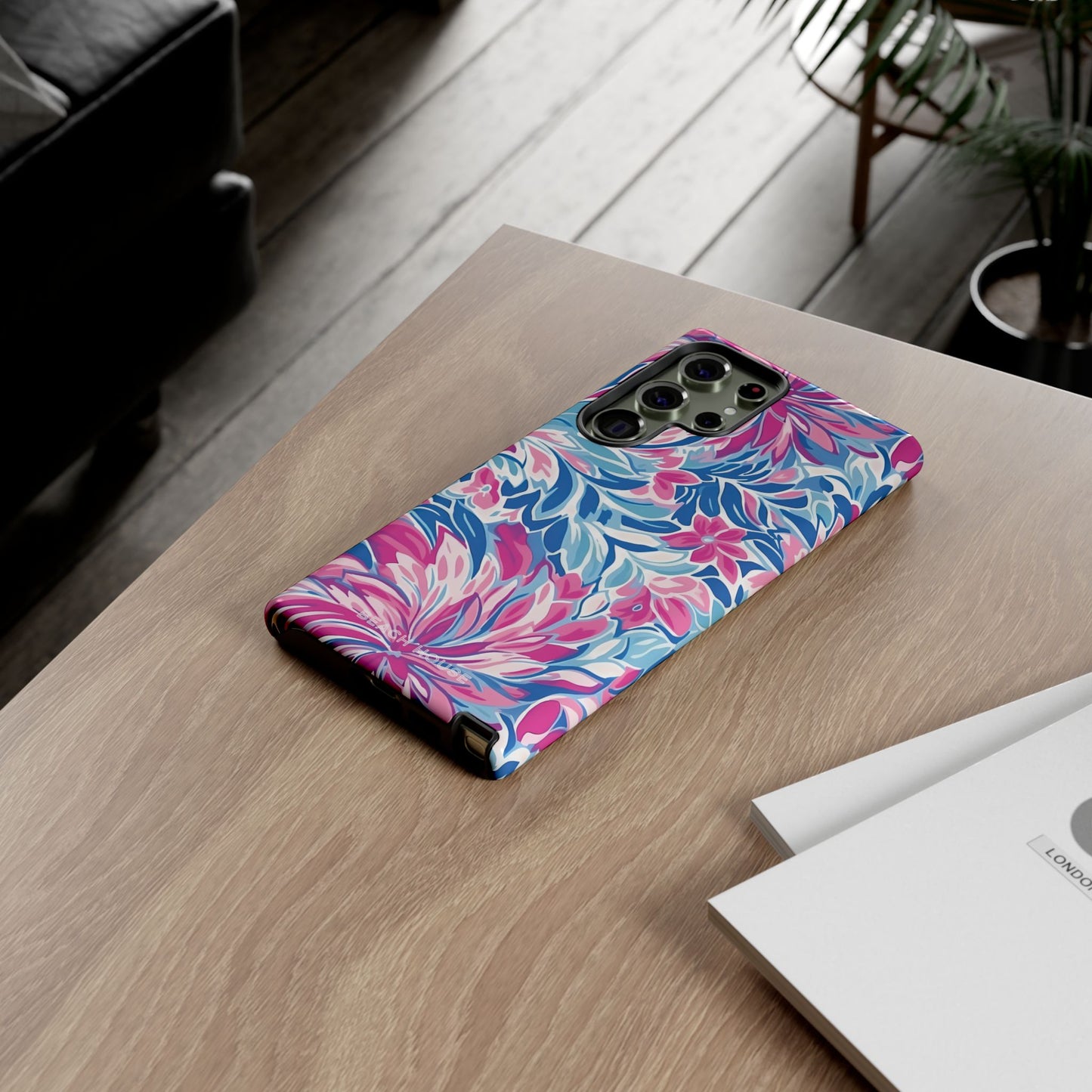 Destin Tough Case for Galaxy with floral pink and blue design on a wood table
