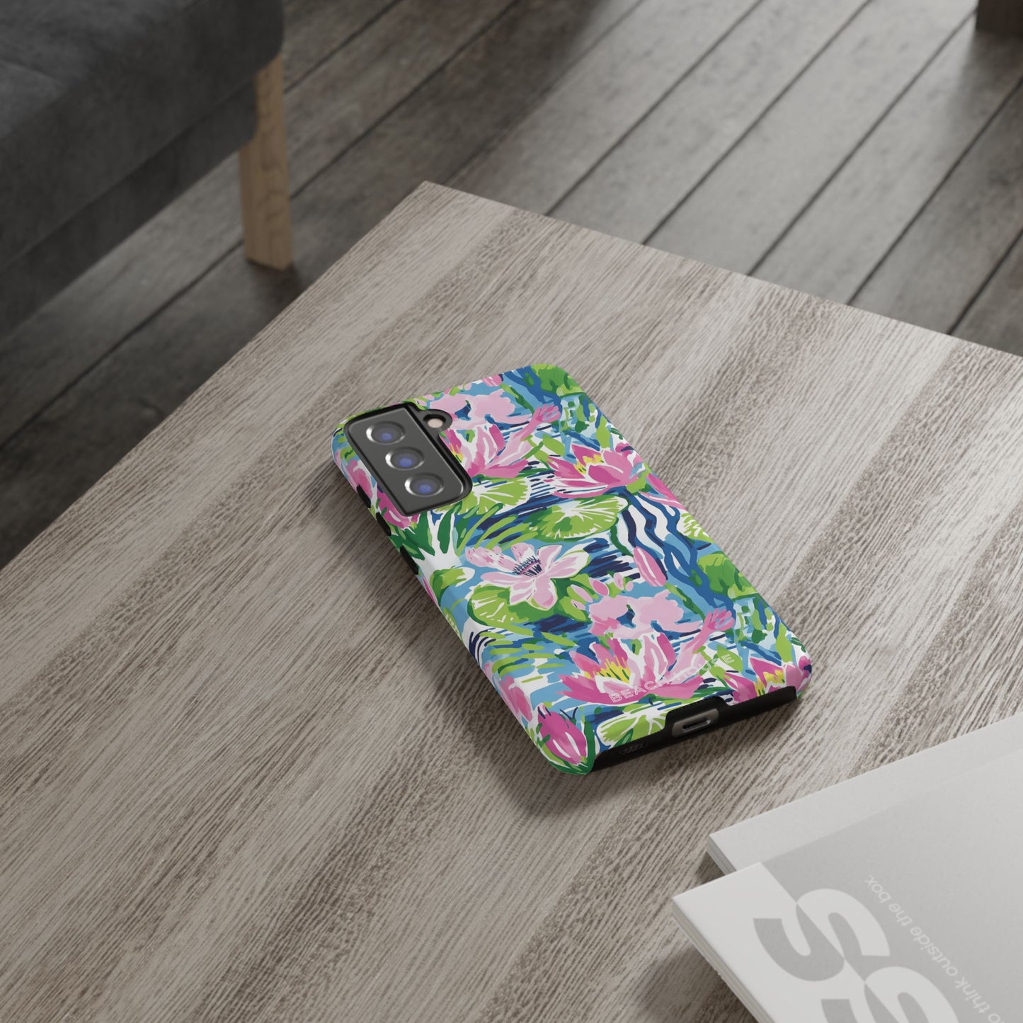 Everglades Tough Case for Galaxy with colorful floral pattern on a wooden table