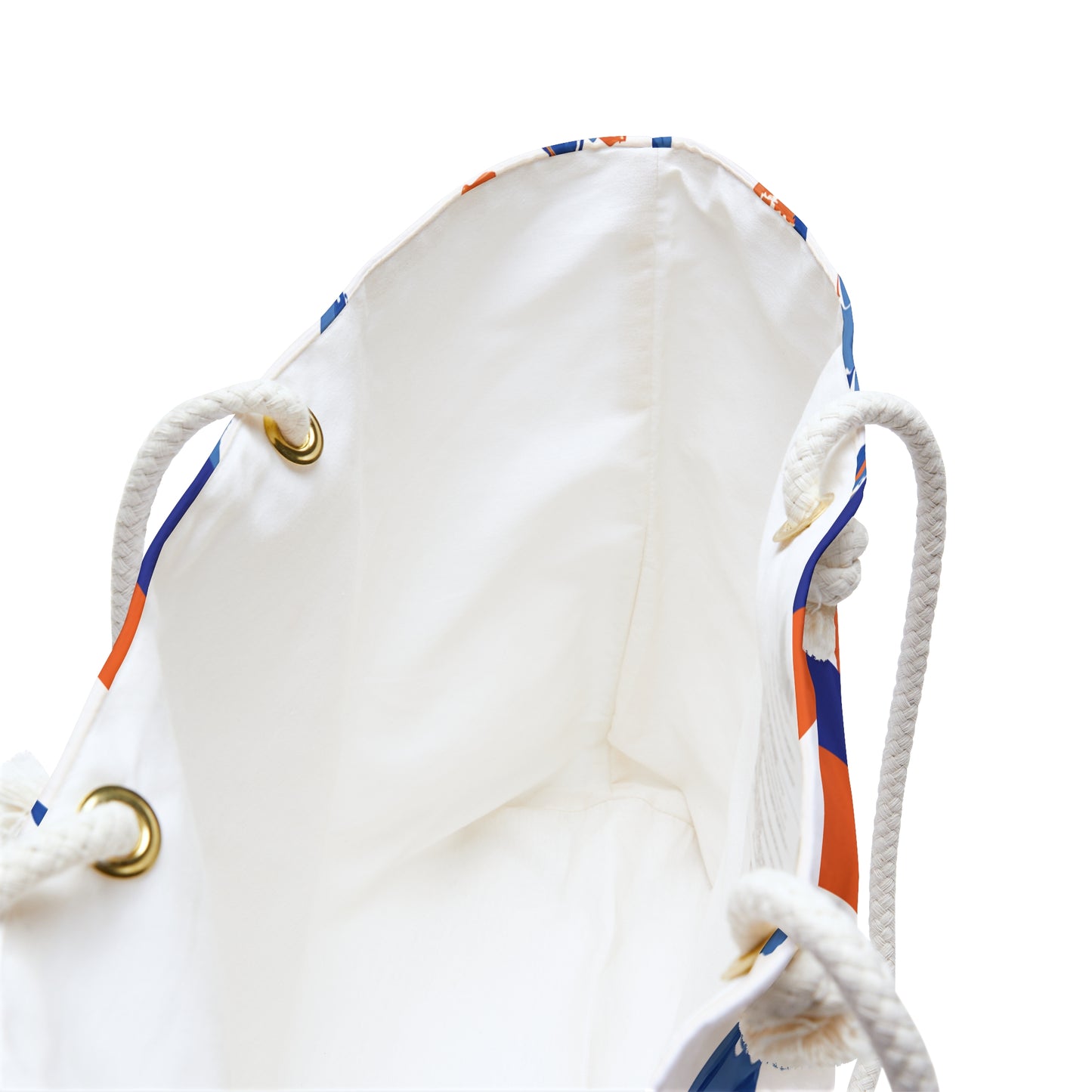 interior view of Gainesville Weekender Tote Bag with white rope handles on a white background