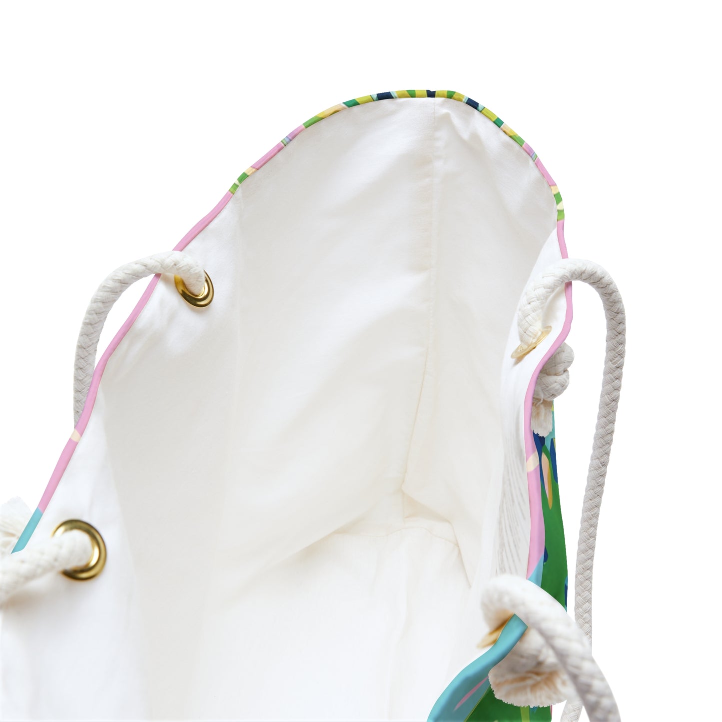 Interior view of the colorful Delray beach bag with rope handles, on a white background
