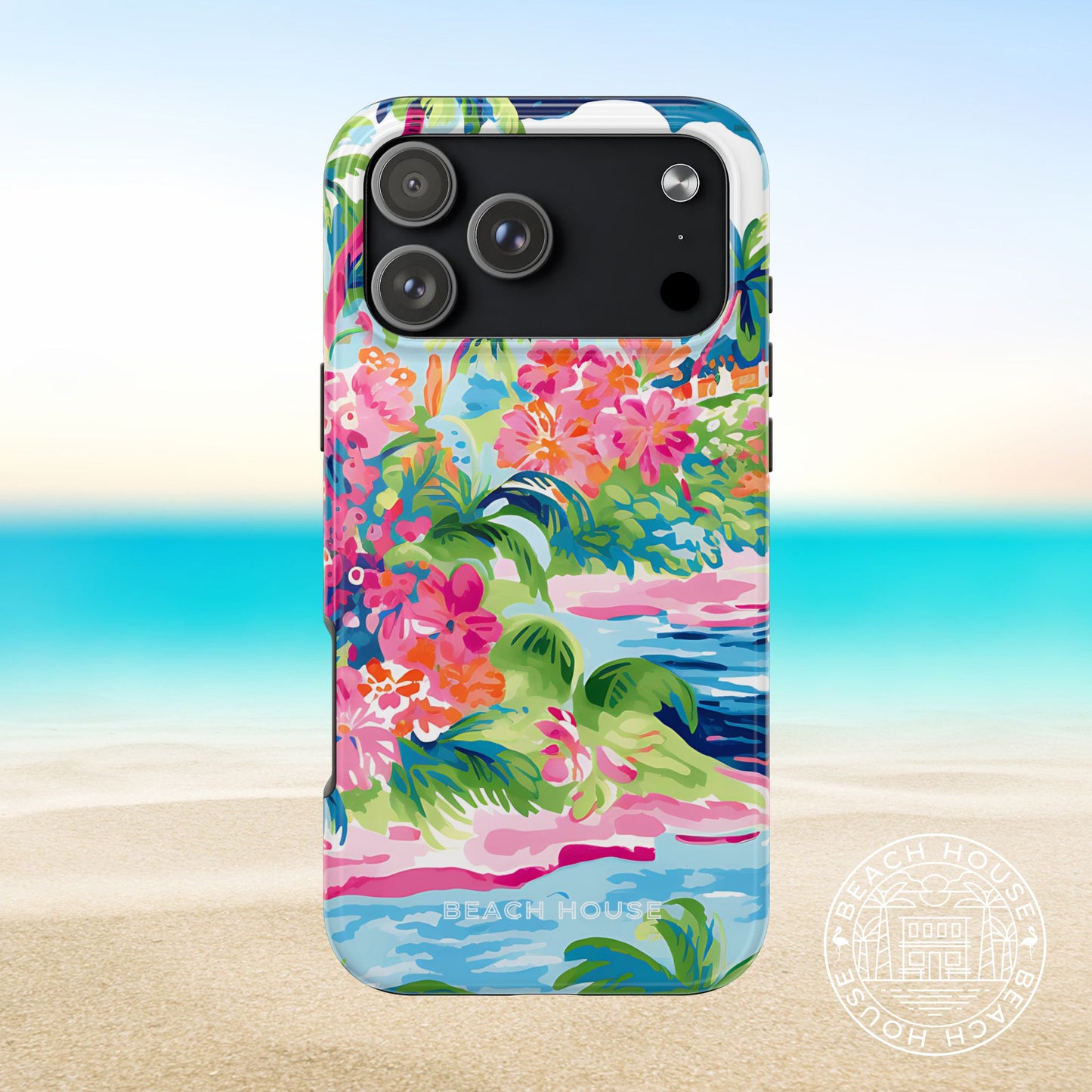 Laguna Tough Case for iPhone 17 Pro Max with colorful floral design on a beach background