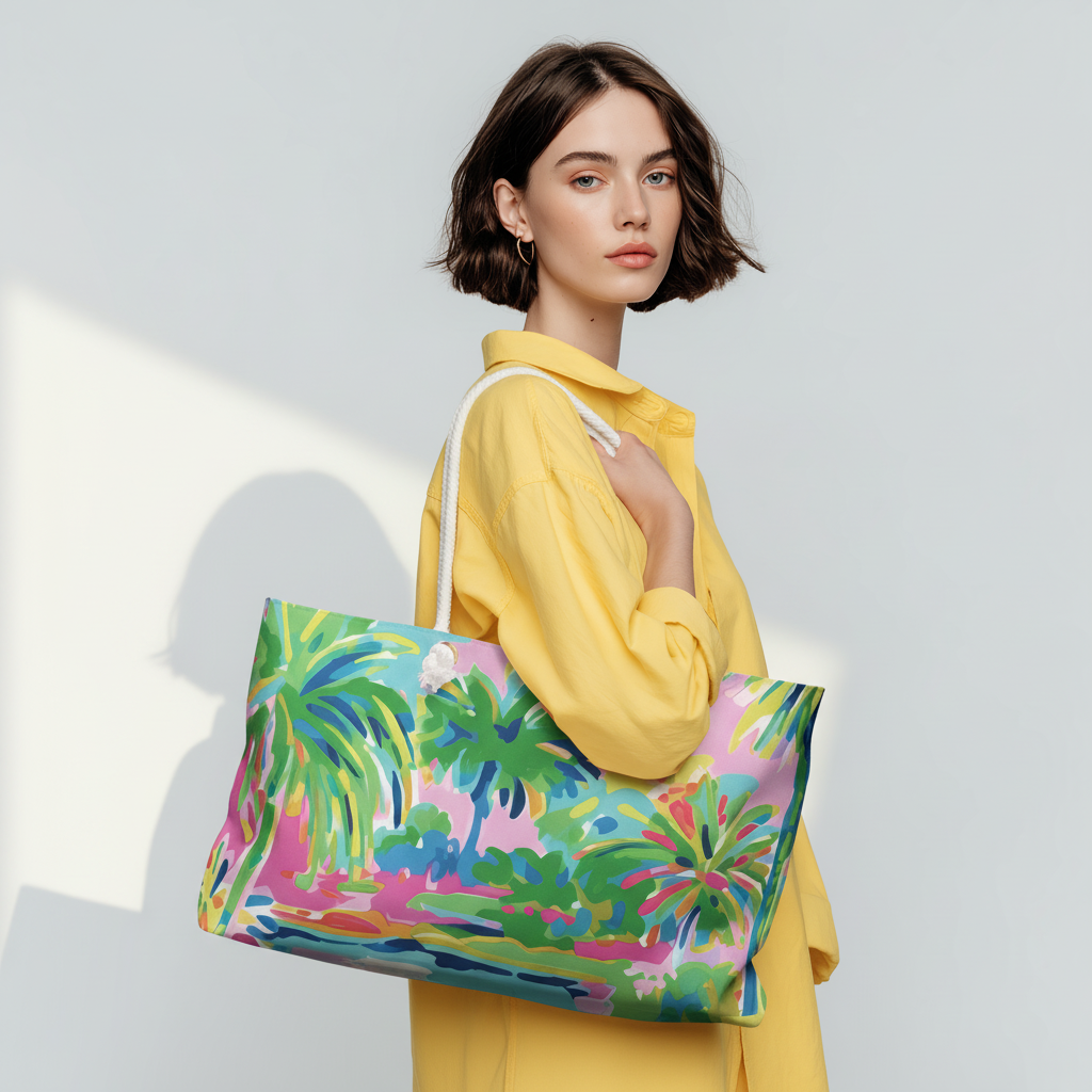 A woman holding a tropical Beach House Weekender Tote Bag, on a white background