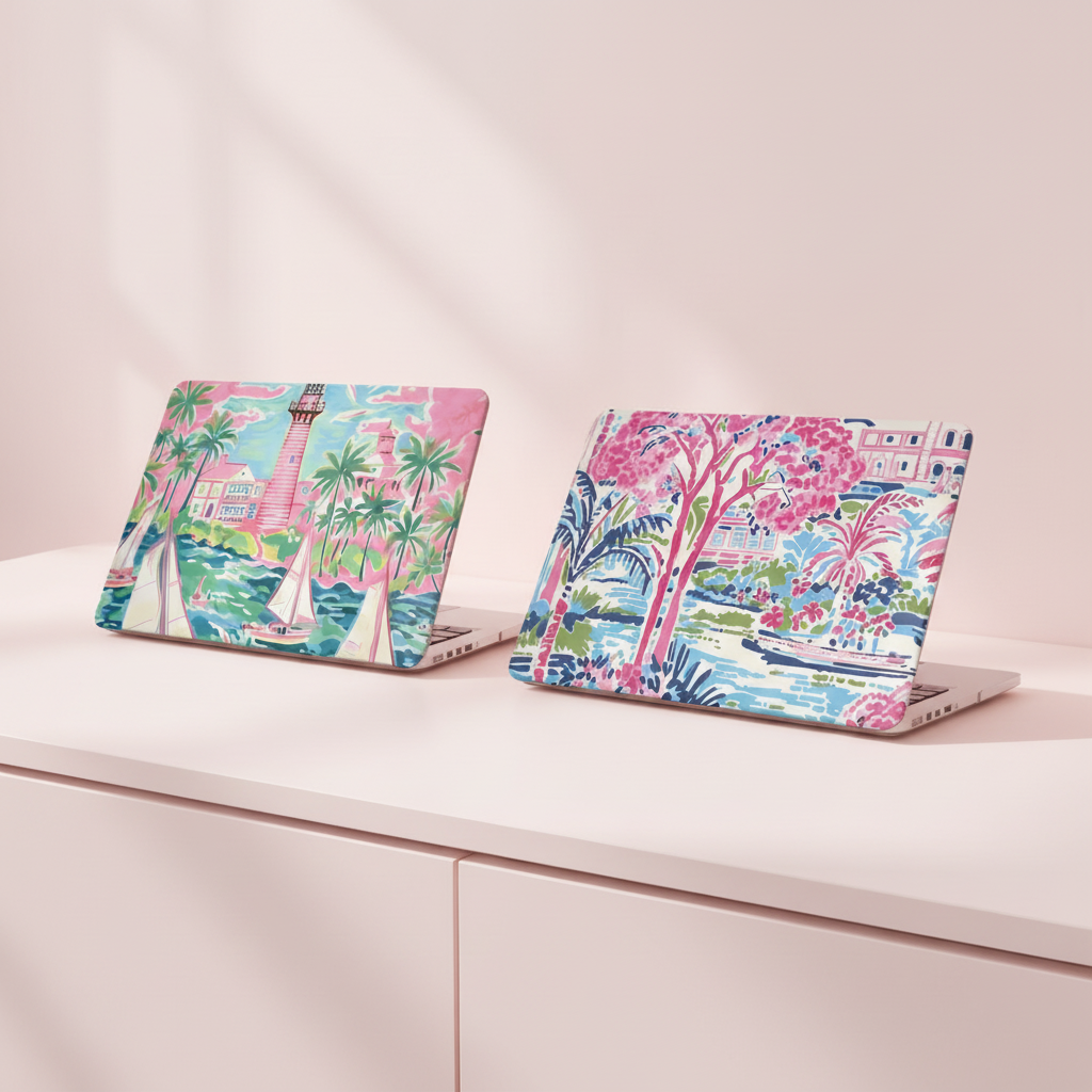 Two Beach House tropical MacBook Cases on a light pink counter with a pink background