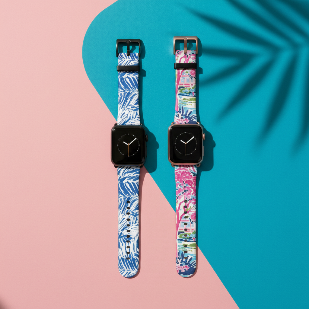 Two Beach House watch bands for Apple watch with tropical designs, on a pink and blue background 