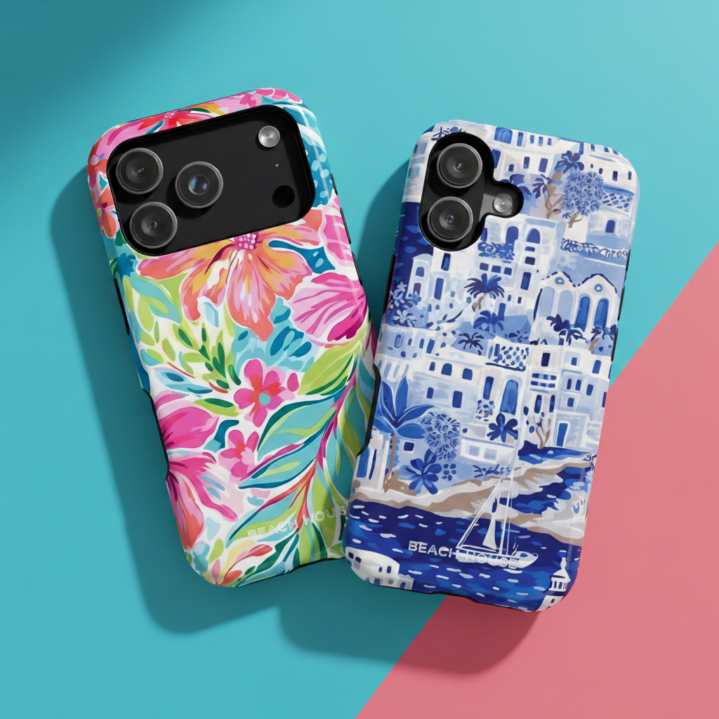 Beach House Cases for iPhone 17 with tropical artwork on a blue and pink background