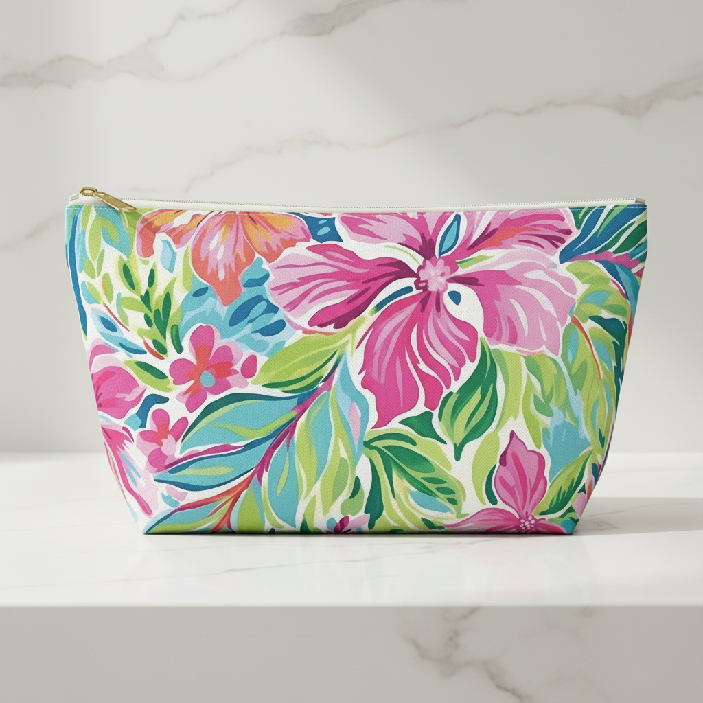 Tropical Waikiki Accessory Pouch with floral design by Beach House on a quartz surface