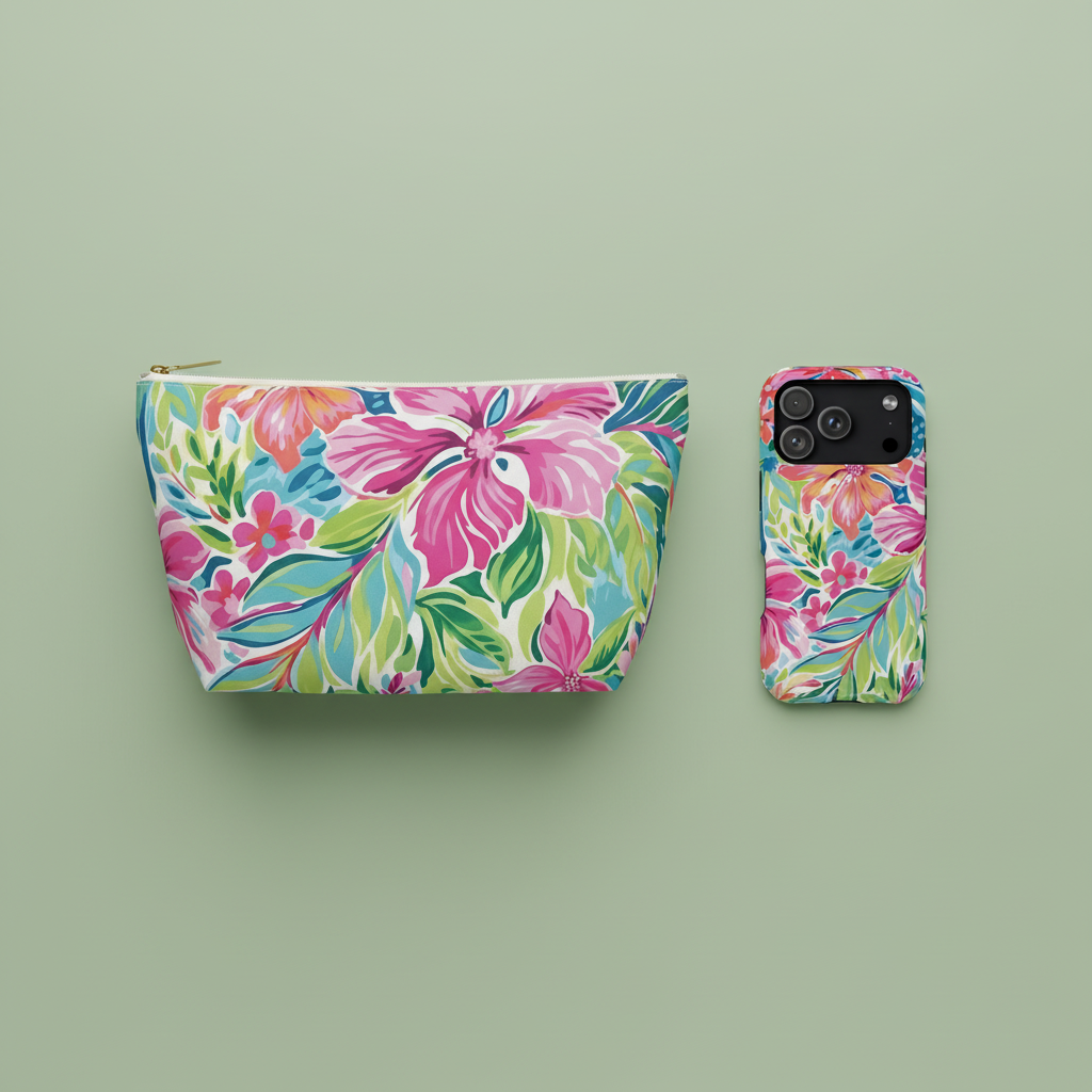 The Waikiki Magsafe Tough Case for iPhone and Waikiki Accessory Pouch, on a green background