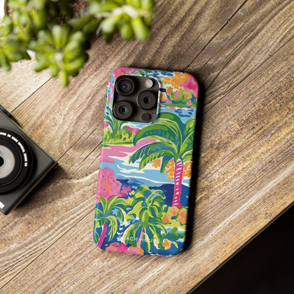 Colorful Kiawah Slim Case for iPhone with palm tree design on a wooden surface