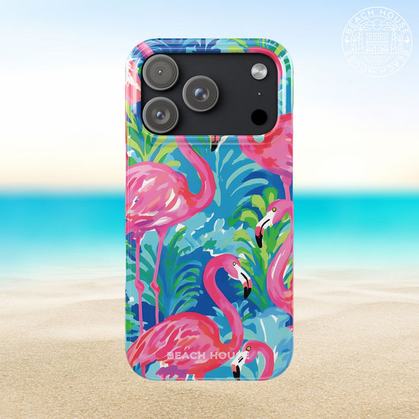 Key Largo Slim Case for iPhone with flamingo design on a beach background