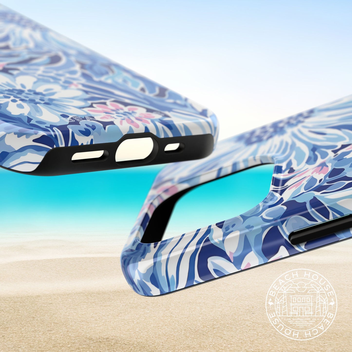 Top and bottom views of the Huntington Tough Case for iPhone,on a beach background