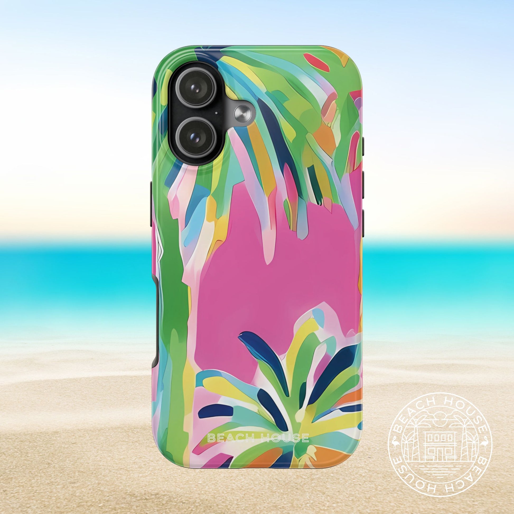 Boca Tough case for iPhone 17 with tropical design on a beach background
