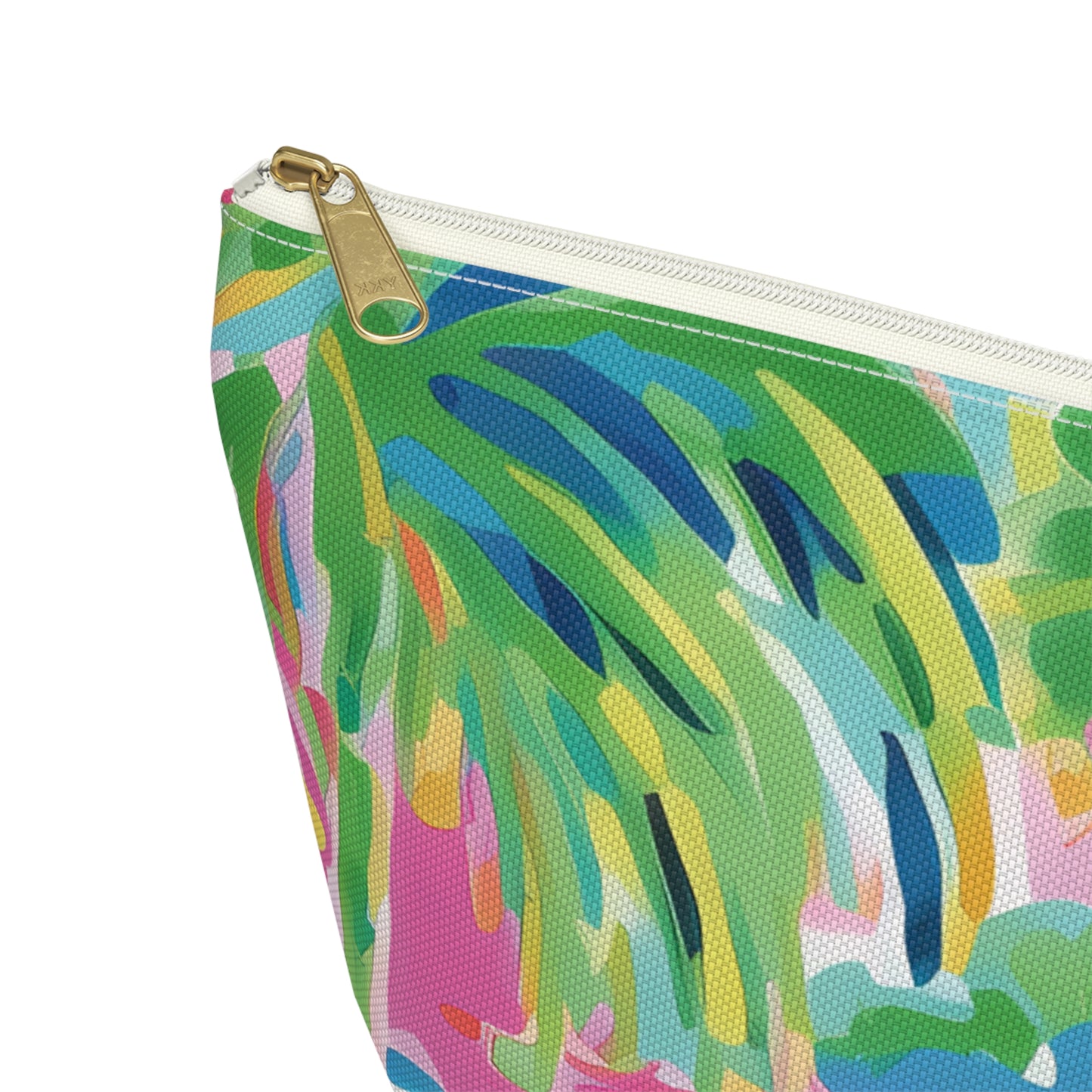 Close up view of Colorful pouch with a tropical leaf pattern on a white background