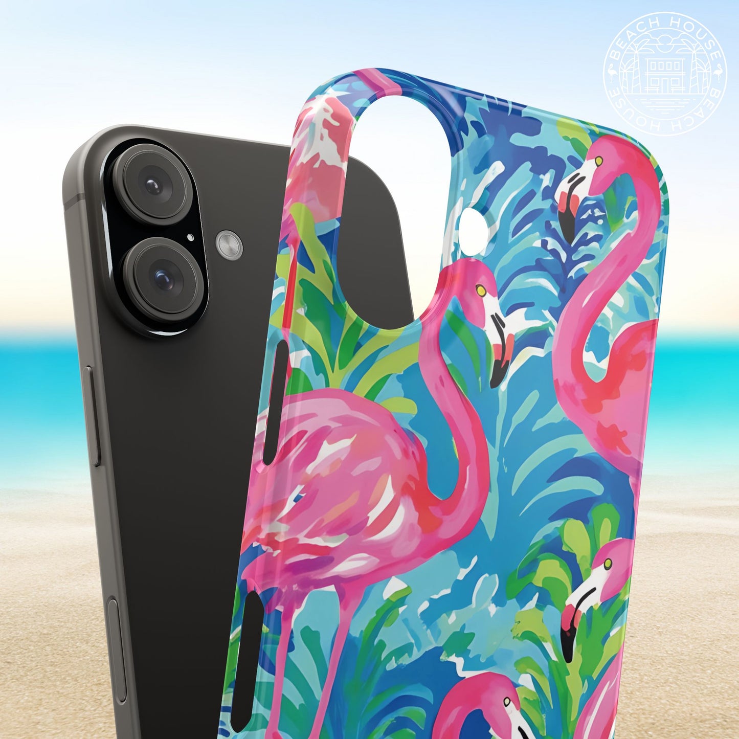 Key Largo Slim Case for iPhone with pink flamingo design on a beach background