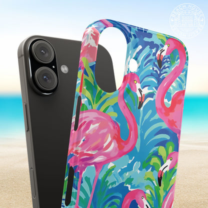 Key Largo Slim Case for iPhone with pink flamingo design on a beach background