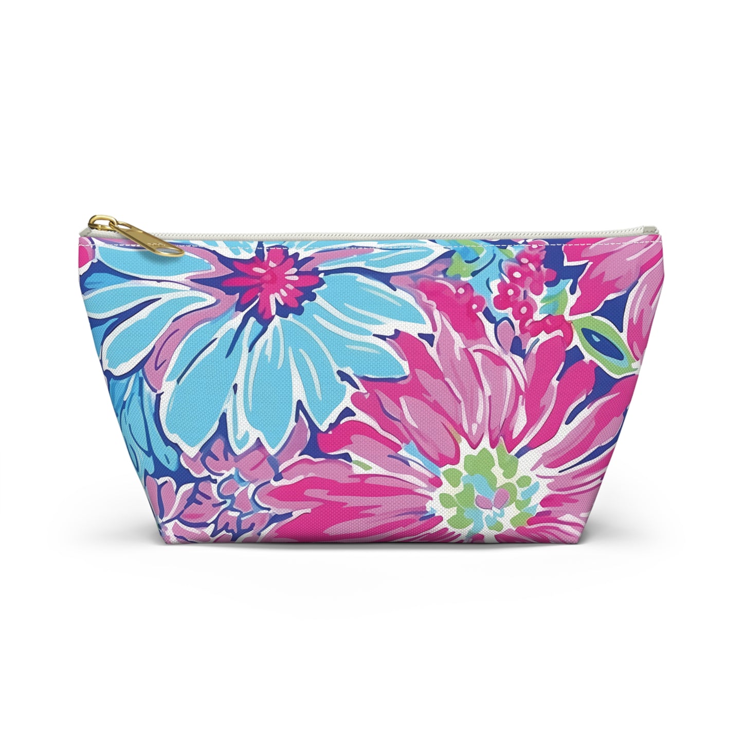 Floral patterned pouch with a zipper on a white background