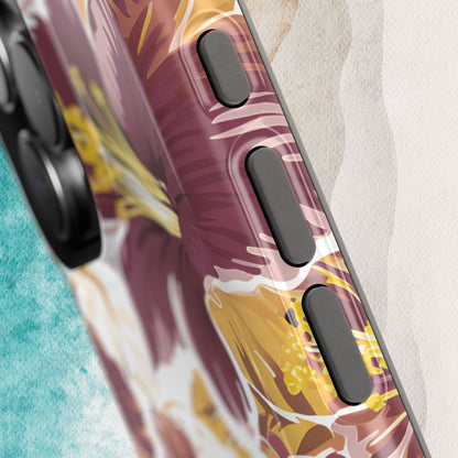 Detailed view of buttons on Tallahassee MagSafe Tough Case for iPhone with abstract design on a textured surface