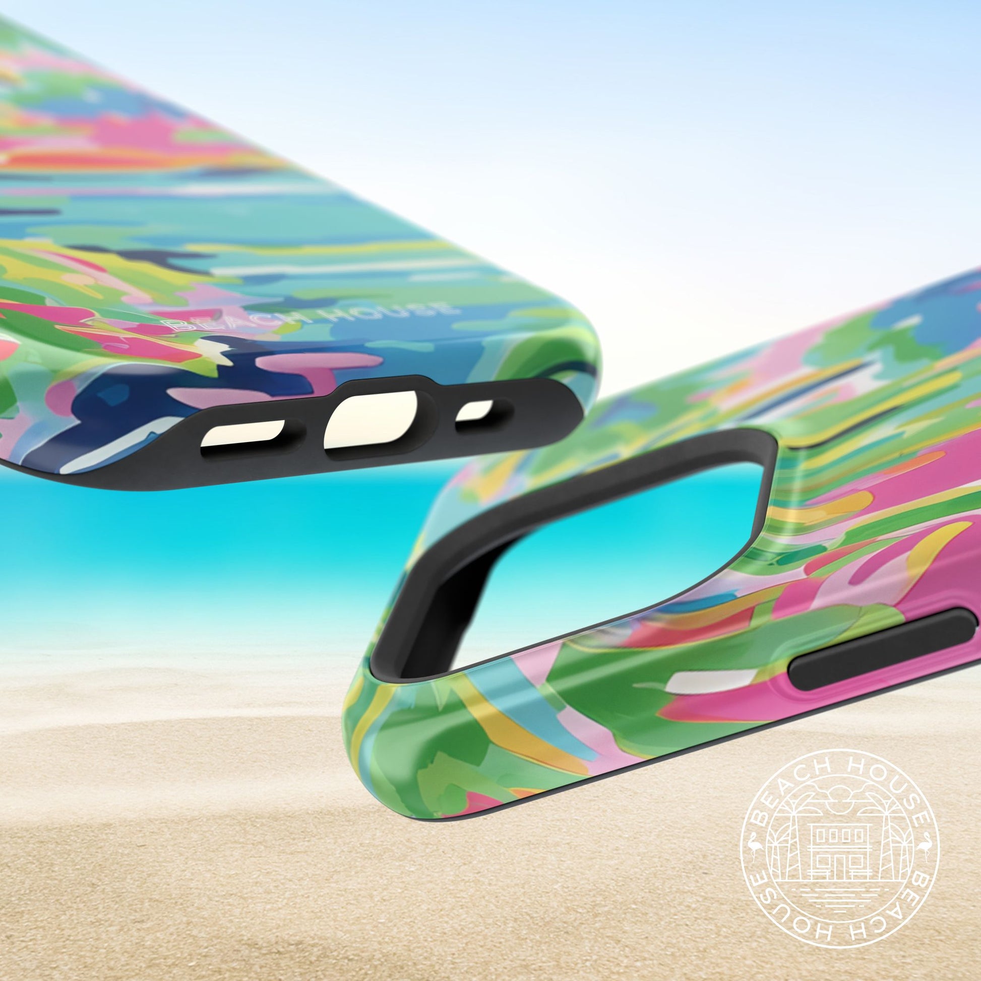 Tropical Delray MagSafe Tough Case for iPhone with abstract palm tree on a beach background