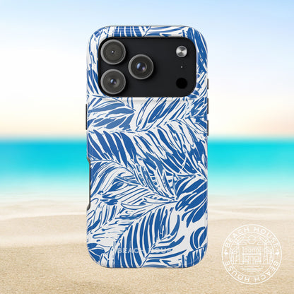 Hampton Tough Case for iPhone 17 Pro with blue and white palm leaf pattern on a beach background