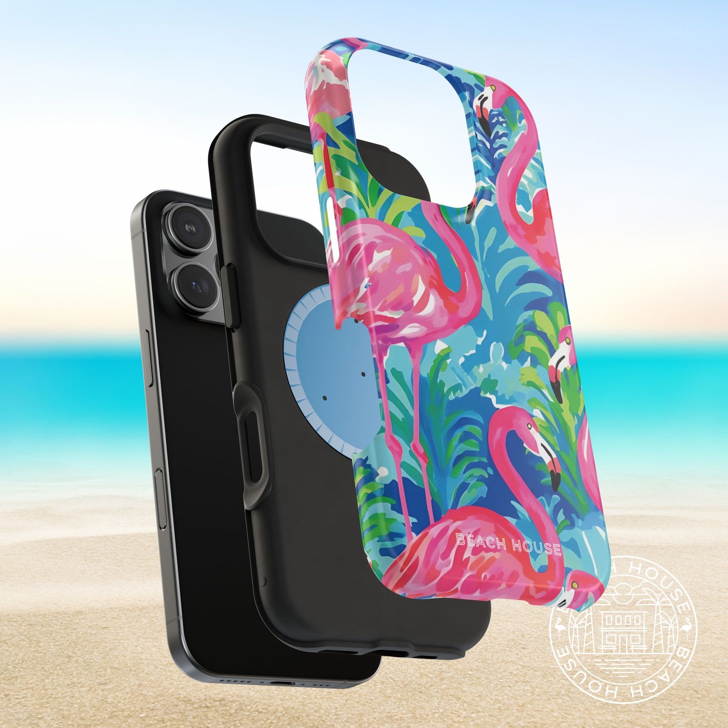 Layers of the Key Largo MagSafe Tough Case for iPhone with flamingo design on a beach background