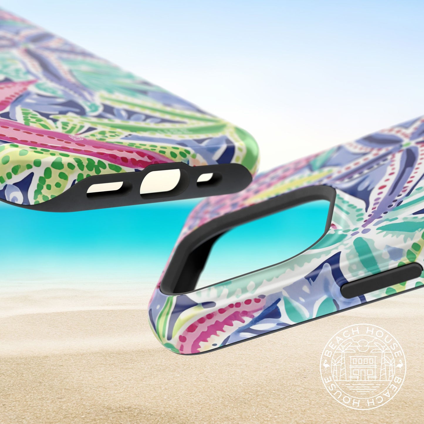 Top and bottom views of Siesta Key MagSafe Tough Case for iPhone with a floral pattern on a beach background