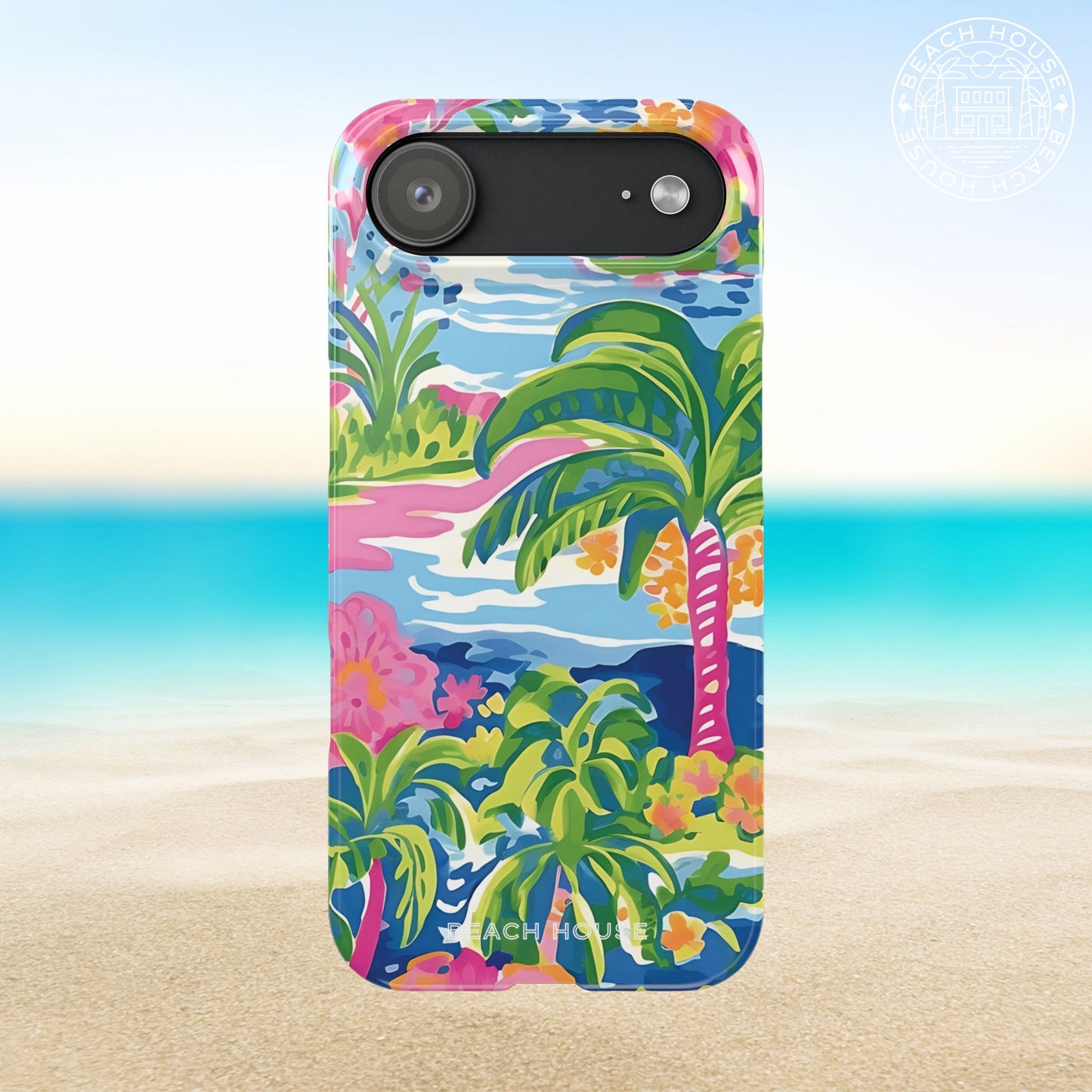 Kiawah Slim Case for iPhone 17 Air with tropical design on a beach background