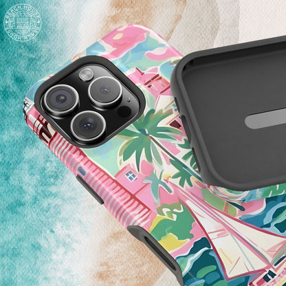 St. Simon MagSafe Tough Case for iPhone with colorful coastal design on a textured surface.