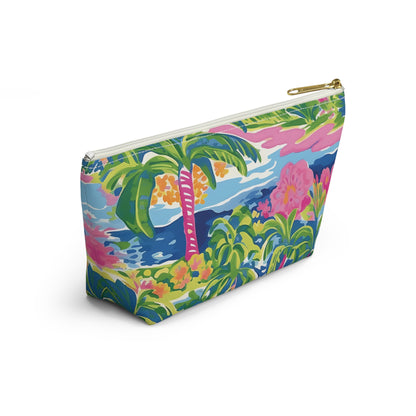 Colorful pouch with tropical design on a white background