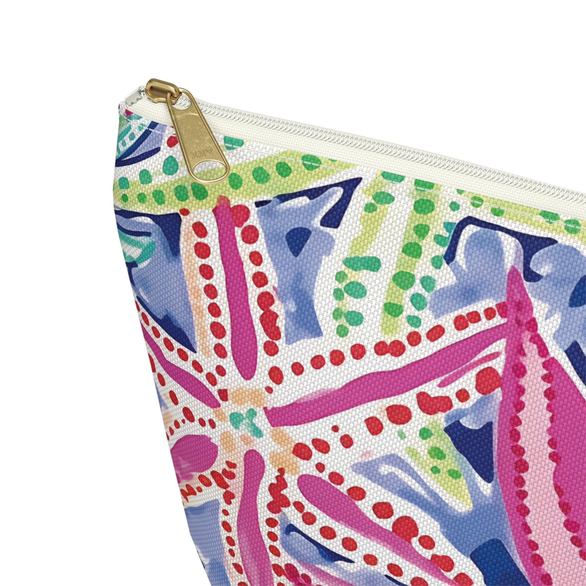 Colorful patterned pouch with a gold zipper on a white background