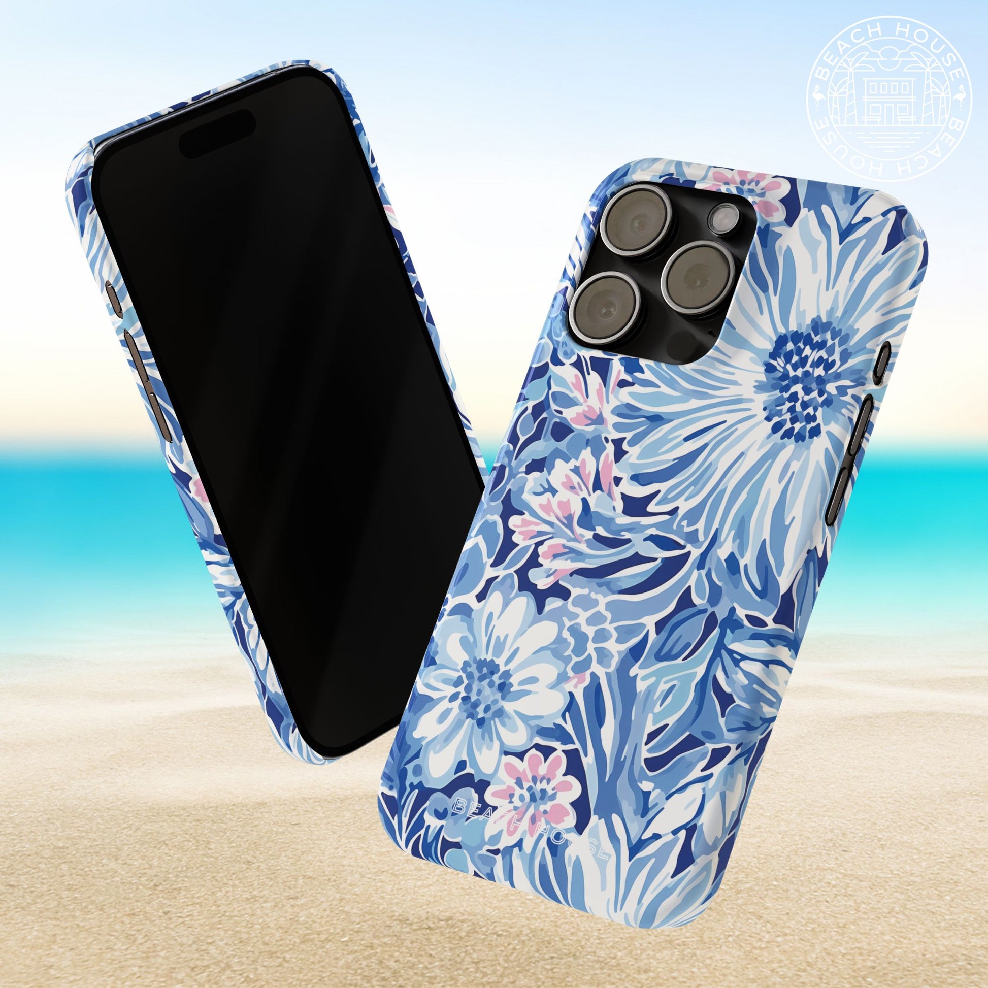 Front and back views of the Huntington Slim Case for iPhone on a beach background