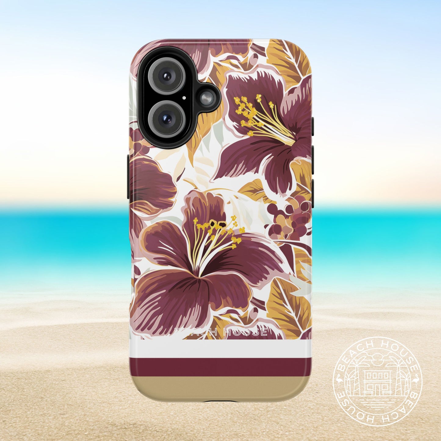 Tallahassee Tough Case for iPhone 16 with hibiscus design on a beach background