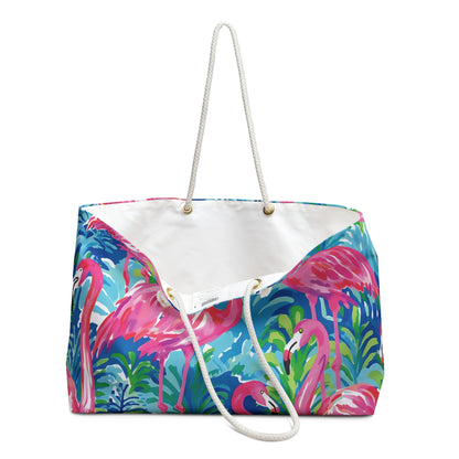 Key Largo Weekender Tote bag with flamingo design, slightly opened, on a white background