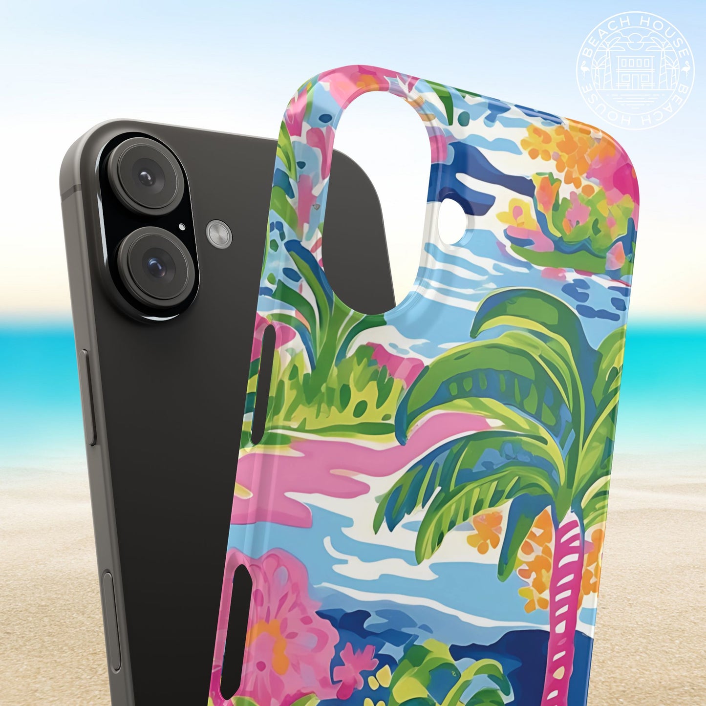 Kiawah Slim Case for iPhone with tropical design featuring palm trees and flowers on a beach background