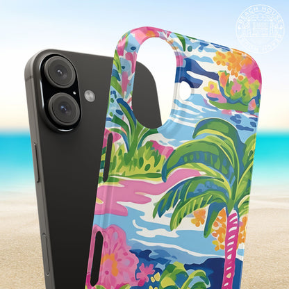 Kiawah Slim Case for iPhone with tropical design featuring palm trees and flowers on a beach background