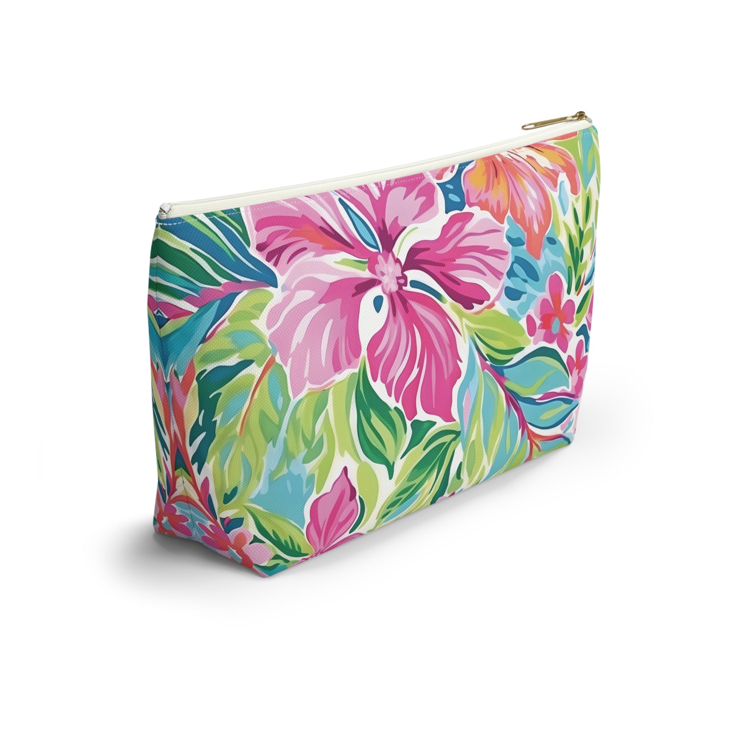 Colorful floral and leaf patterned pouch on a white background
