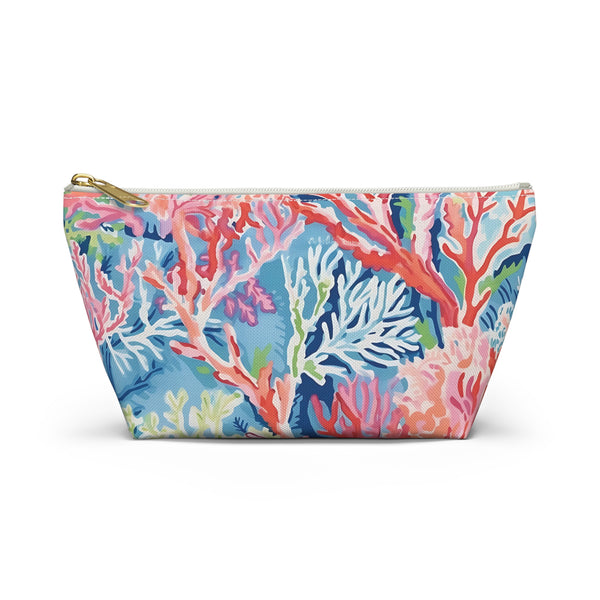 Colorful coral-themed pouch on a white background