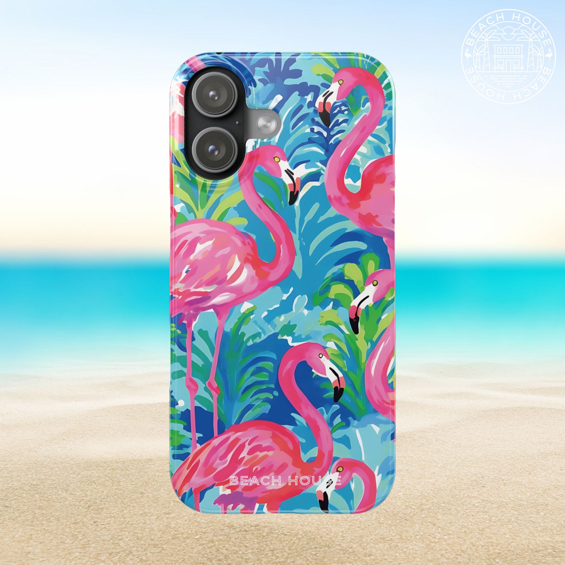Key Largo Slim Case for iPhone 17 with pink flamingo design on a beach background