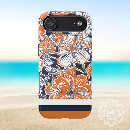 Charlottesville Tough Case for iPhone 17 Air with orange and navy floral pattern on a beach background