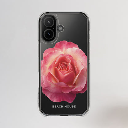 Phone case with a pink rose design on a light gray background